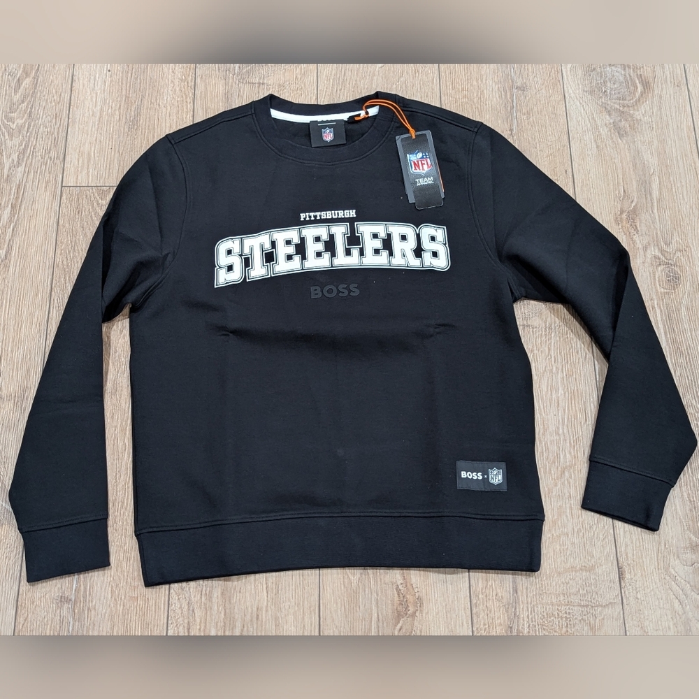 $178 Mens BOSS X NFL "Watt" Pittsburgh Steelers Crewneck Sweatshirt Black Large